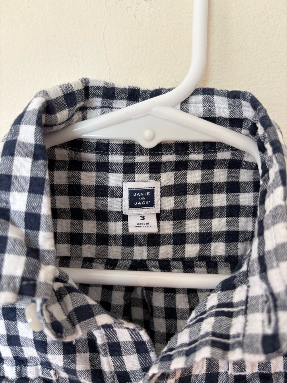 JANIE and JACK Gingham Linen/Cotton Button Down Shirt Navy Blue & White Sz 3 - Picture 3 of 11